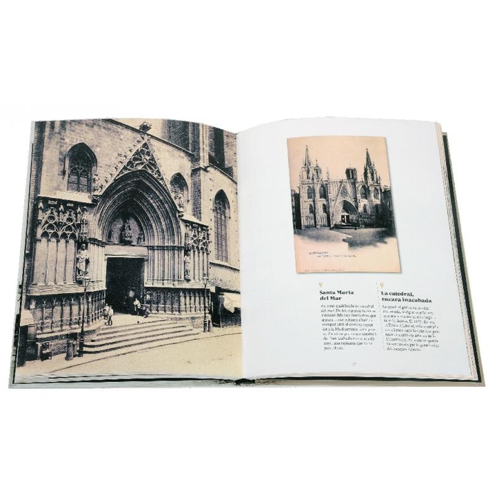 Imatge de les pàgines interiors del llibre 'Barcelona 1900' on es veu Santa Maria del Mar i la catedral