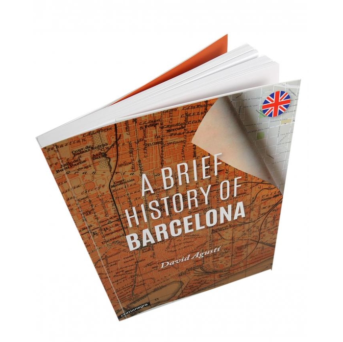 Imatge de la coberta del llibre 'A Brief History of Barcelona' feta des de dalt per veure's el tamany del llom del llibre