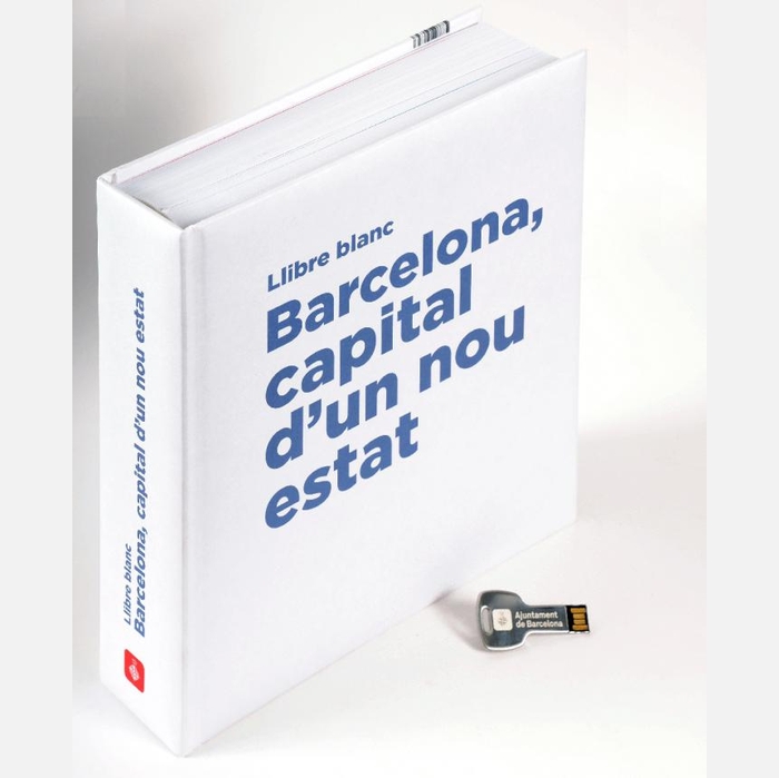 Imatge de la coberta del llibre 'Llibre blanc. Barcelona, capital d'un nou estat' amb la clau que dóna accés a les versions en pdf en català, castellà i anglès